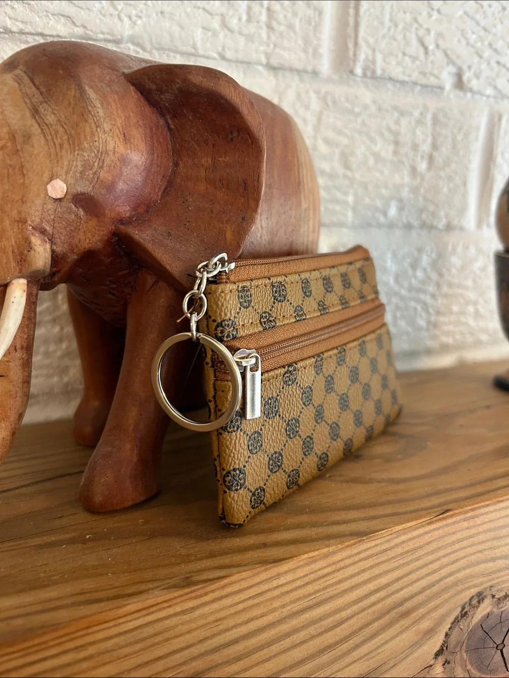 Brown Patterned Double Zip Coin Pouch (NWOT)